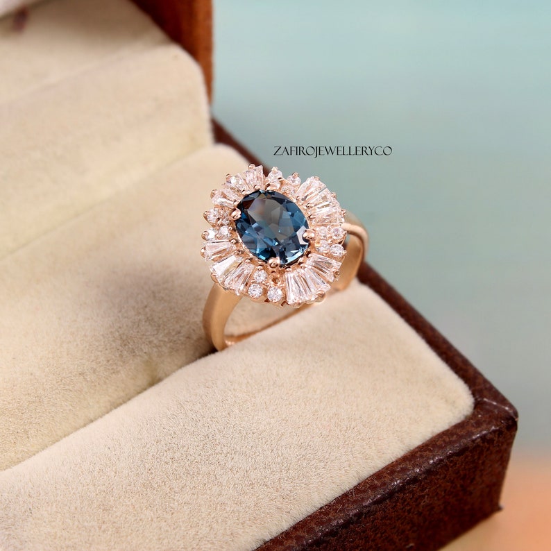 Bridal Ring Topaz Ring Halo Ring London Blue Topaz Gift Her Oval Ring December Birthstone Ring 6x8mm Natural Topaz Blue Topaz