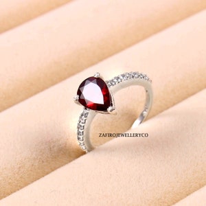 Pear Cut Garnet Ring: Sterling Silver January Birthstone Ring