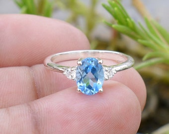 Handmade Swiss Blue Topaz Oval Ring, 925 Sterling Silver Engagement Promise Wedding