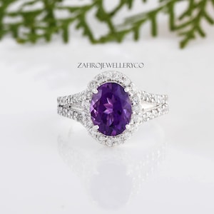 Halo Amethyst Ring, 925 Sterling Silver, Natural Amethyst, Ring For Women, Halo Ring, February Birthstone, Cluster Ring, Oval Cut Ring