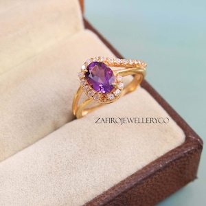 Handmade Gemstone, Oval Amethyst Ring: Sterling Silver, CZ Accents