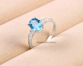 Swiss Blue Topaz, 925 Sterling Silver, December Birthstone, Engagement Gift Ring, Zircon Ring, Oval Cut Topaz, Promise Ring, Wedding Ring