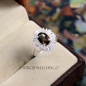 Handmade Gemstone, Oval Smoky Quartz Halo Ring: Sterling Silver Statement Ring