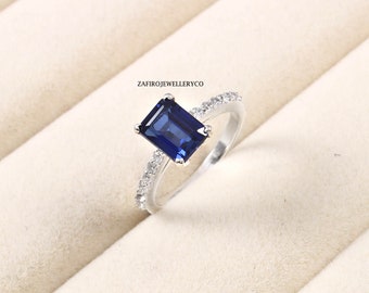 Handmade Octagon Blue Sapphire Ring, 925 Sterling Silver, Cubic Zirconia Accents