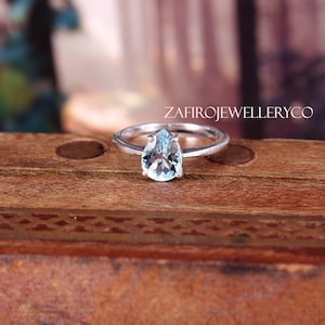 Pear Aquamarine Ring: Sterling Silver March Birthstone Engagement Ring