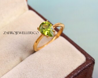Natural Peridot Pear Cut Ring, August Birthstone, Sterling Silver Solitaire Wedding Ring
