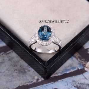 London Blue Topaz, Blue Topaz Ring, Halo Topaz Ring, Women's Ring, Oval Cut Stone Ring, 925 Sterling Silver, December Birthstone