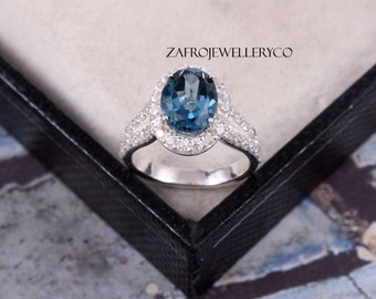 London Blue Topaz, Blue Topaz Ring, Halo Topaz Ring, Women's Ring, Oval Cut Stone Ring, 925 Sterling Silver, December Birthstone