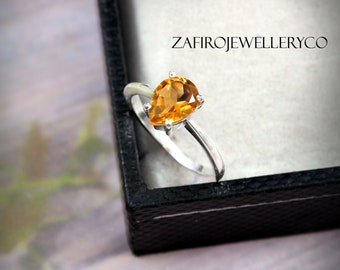 Citrine naturelle, pierre de naissance de novembre, bague citrine, bague solitaire, citrine taille poire, argent sterling 925, bague de la mariée, bague de fiançailles