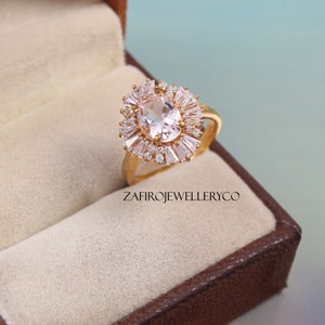 Handmade Gemstone, Morganite Halo Ring: Oval Cut Sterling Silver Wedding Ring