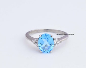 Swiss Blue Topaz Ring, Engagement Ring, Natural Topaz Ring, 925 Sterling Silver Ring, December Birthstone, Wedding Ring, Anniversary Ring,