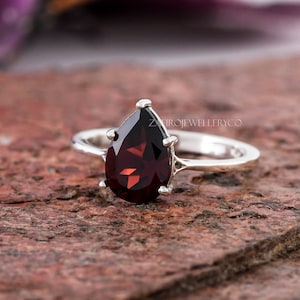 Pear Cut Natural Garnet Ring: Sterling Silver January Birthstone