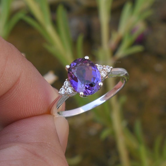 Handmade Amethyst Three Stone Ring, 925 Sterling Silver, February