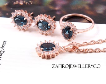 London Blue Topaz Jewelry Set, 925 Sterling Silver, (Ring, Pendant, Studs), December Birthstone, Halo Jewelry Set, Statement Jewelry