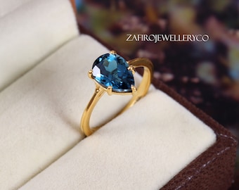 Handmade Pear Cut London Blue Topaz Ring, 925 Sterling Silver, December Birthstone