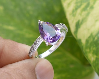 Natural Purple Amethyst Pear Cut Ring-Amethyst Engagement Ring-925 Sterling Silver Ring-Purple Amethyst Jewelry-Wedding Ring-Gift To Her