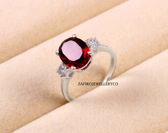 Handmade Oval Ruby Cluster Ring, 925 Sterling Silver, July Birthstone