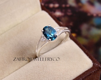 Oval London Blue Topaz Sterling Silver Ring, December Birthstone Engagement Ring