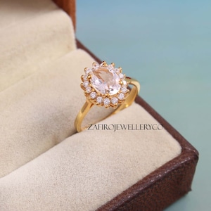 Handmade Gemstone, Oval Morganite Halo Ring: 925 Sterling Silver Promise Ring