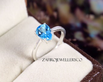 Swiss Blue Topaz, Natural Blue Topaz, Solitaire Ring, Pear Cut Topaz, December Birthstone, Blue Topaz Ring, 925 Sterling Silver, Brides Ring