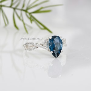 Handmade Pear London Blue Topaz Ring: Sterling Silver Engagement Ring