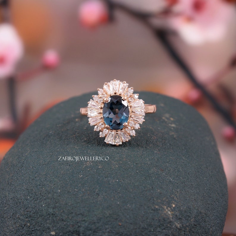 Bridal Ring Topaz Ring Halo Ring London Blue Topaz Gift Her Oval Ring December Birthstone Ring 6x8mm Natural Topaz Blue Topaz