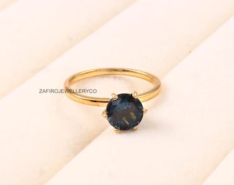 Bague solitaire avec topaze bleue de Londres, taille ronde 7 mm, argent sterling 925, pierre de naissance décembre