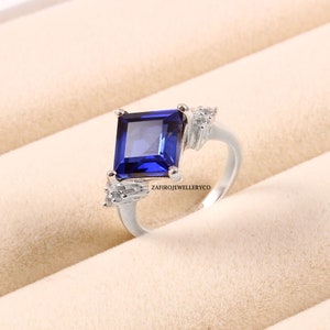 Handmade Square Blue Sapphire Ring: Sterling Silver September Birthstone