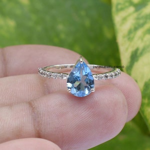 Handmade Gemstone, Pear Swiss Blue Topaz Ring: Sterling Silver Engagement Ring