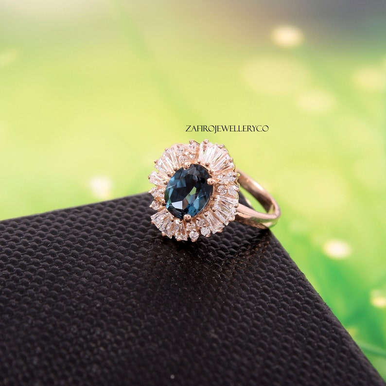 Bridal Ring Topaz Ring Halo Ring London Blue Topaz Gift Her Oval Ring December Birthstone Ring 6x8mm Natural Topaz Blue Topaz