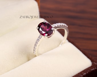 Rhodolite Garnet Engagement Ring, Sterling Silver Oval Gemstone Bridal Band