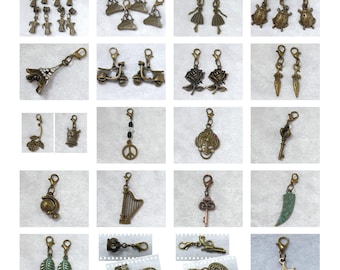 Pendants in bronze, antique bronze, or copper with carabiner hook or eyelet - various quantities and designs