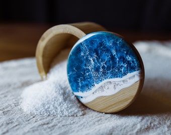 Bamboo small container. Beach wave resin dish with magnetic closure. Used as Spice storage, Salt Box, jewelry box or desk organizer