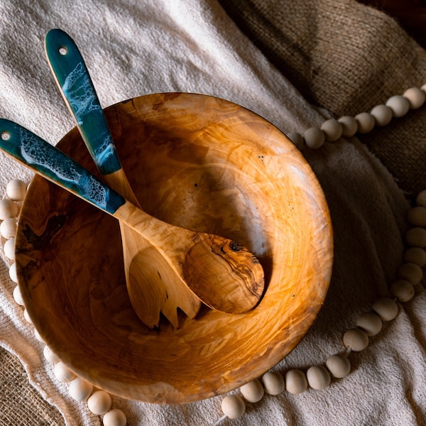 Wood salad servers with Resin made to resemble ocean waves. Great for Entertaining. Dinner Table Ocean Theme. Resin Servers, Salad Tongs.