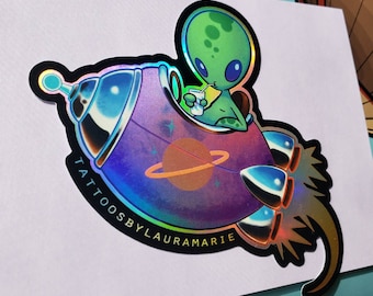 Holographic Alien Rocketship Sticker 3x3inch
