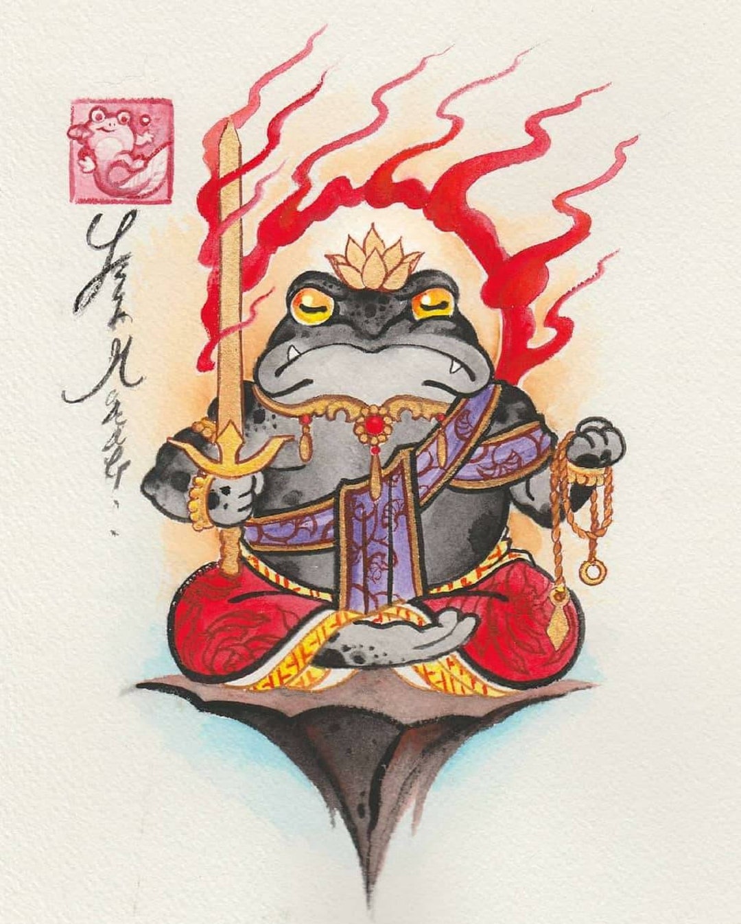 特別価格☆【版画（額縁なし）】碧眼のギロ（カエル 絵画）