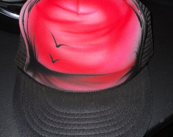 Beachwear Visor. Hand Painted Denim Baseball Cap with Lighthouse and Beach Scene Summer Beach Cap Painted Denim Lighthouse Base ball Cap
