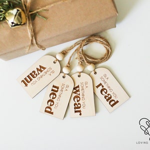 Something You Want Need Wear Read Christmas Gift Tags, Personalized Name, Reusable Keepsake Wood Tags, Minimalist Gift Ideas, Holiday Wrap