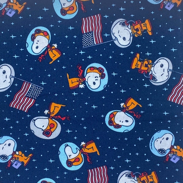 Peanuts Cartoon, Snoopy in Space,  Blue Fabric Cotton, American Flag, CP68290 Snoopy Space