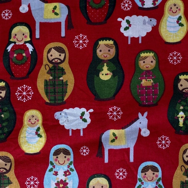 Fabric Russian Nesting Dolls, Red cotton, Vintage 90s, Nativity Christmas, Matryoshka, RARE fabric,