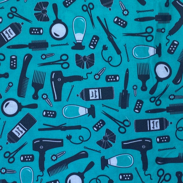 Fabric Beauty Salon, Beautician, Salon Tools Fabric, Salon Barber, Hairdresser, Teal, black and white