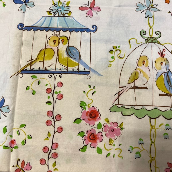 Fabric, Leanika by Dana, Free Spirit, Lovebirds, RARE fabric, Butterflies, Parakeets, Vintage Birdcage, Cotton Fabric, Pink Flowers