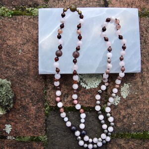 Handknotted rose quartz necklace/ mala for strength, courage, love and confidence.
