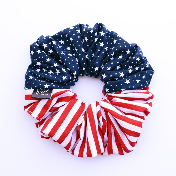 Oversized USA flag scrunchie, extra-large 4th of July stars and stripes hair accessory, red white & blue hair tie for Independence Day