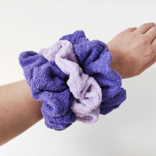 Oversized towel scrunchie for wet hair in lilac and purple color, large terry cloth scrunchie for heatless hair drying