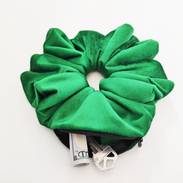 Green velvet scrunchie wallet, large zipper scrunchie with hidden pocket, stashie, zippered storage pouch, Christmas stocking stuffers