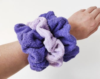 Oversized towel scrunchie for wet hair in lilac and purple color, large terry cloth scrunchie for heatless hair drying