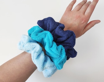 Oversized towel scrunchie for wet hair, blue large cotton terry cloth scrunchies for heatless hair drying, perfect for beach & pool