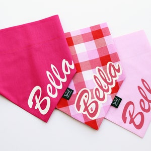 Personalized pink over the collar dog bandana with name, custom plaid slip on no tie pet bandana