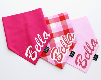 Personalized pink over the collar dog bandana with name, custom plaid slip on no tie pet bandana